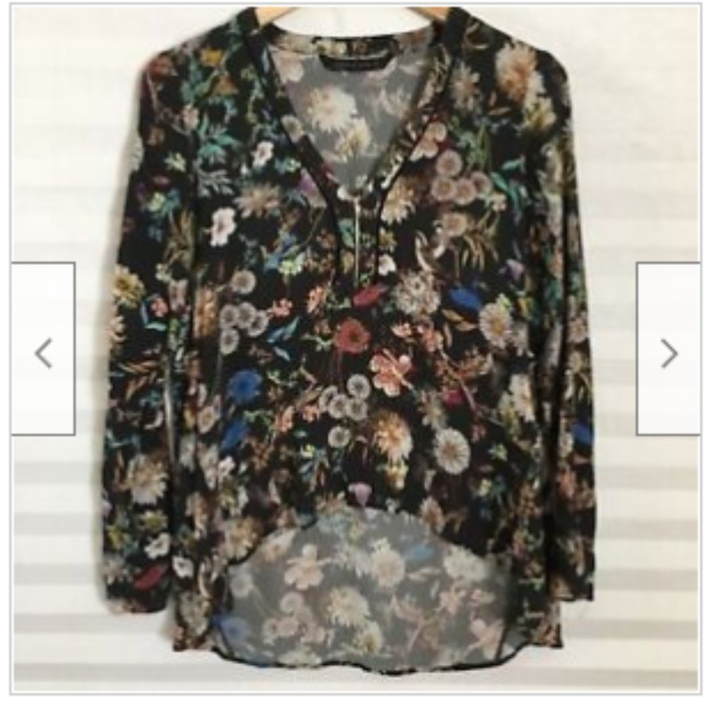 Zara Womens Blouse Top Long Sleeve Hi Lo Zip V‎ Neck Floral